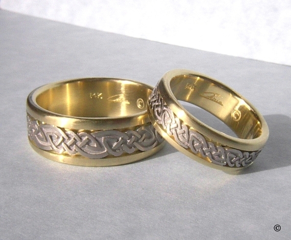 Celtic Bonding Knot Rings, Yellow Gold Bands with White Gold Knots and no glass enamel